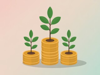 Three Green Plants Growing Out of Stacks of Gold Coins