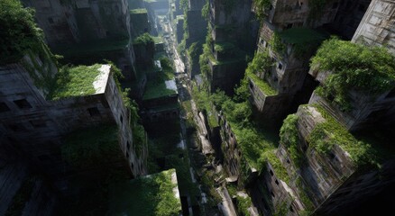 Overgrown city ruins, nature reclaiming urban structures