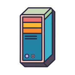 Stylized illustration of a desktop computer tower with colorful front panel details