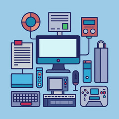 A colorful flat illustration of various computer and gaming devices arranged on a light blue background