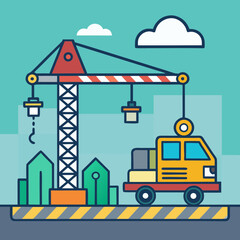 Fototapeta premium Construction site with crane truck and buildings under a cloudy sky