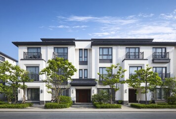 Modern multi-story residential building with white exterior, large , and landscaped surroundings