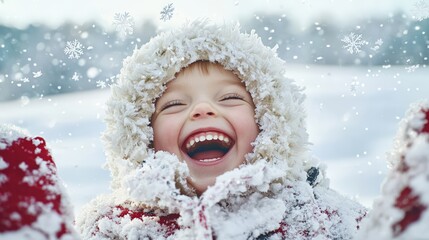 A close-up shot of a childs smiling face, framed by fluffy winter gear, as they laugh delightfully amidst falling snowflakes. The background features soft hills of white snow, creating a serene yet