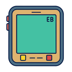 Modern tablet device with a teal screen and colorful buttons on a transparent background