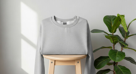 Gray Sweatshirt Mockup on Wooden Stool with Fiddle-Leaf Fig Plant and Sunlight Shadow