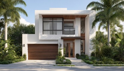Fototapeta premium Modern two-story house with large , a garage, and lush landscaping in a tropical setting