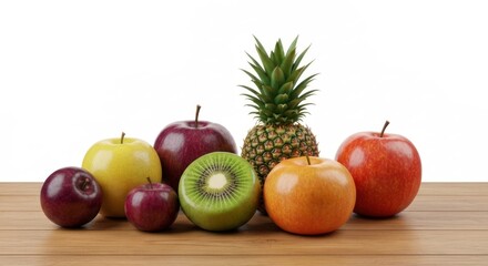Colorful fruits arranged on a wooden surface
