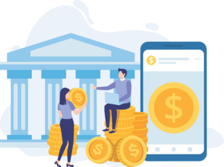 Financial Growth Illustration Featuring People Stacking Gold Coins with Building Icon and Smartphone with Dollar Sign on Transparent Background