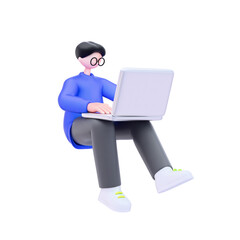 3D Character Working on Laptop Illustration