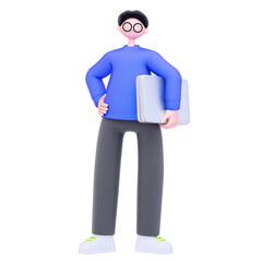 3D Character Holding Laptop Illustration