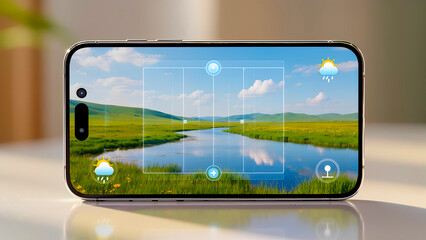 Weather/AR app: Smartphone displays landscape with augmented reality and weather data.