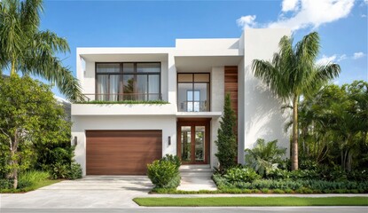 Fototapeta premium Modern two-story house with large , garage, and lush tropical landscaping