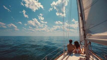 Couple sitting on a sailboat deck, enjoying a sunny day on the open sea with clear blue sky and calm waters.