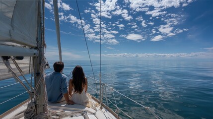 Couple sitting on the bow of a sailboat, gazing at the open sea under a partly cloudy sky