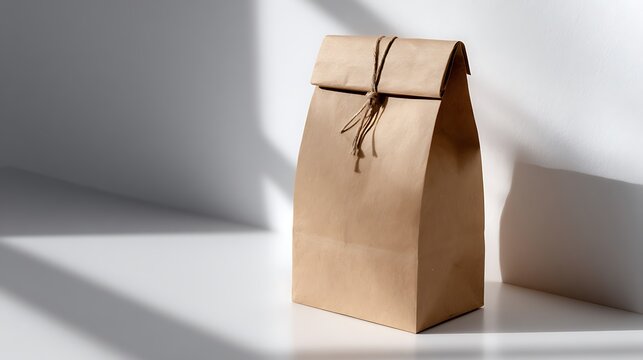 Brown paper bag with string closure isolated on white background