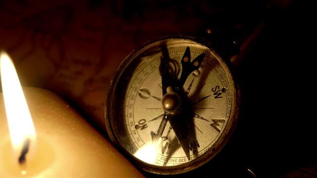 detail shot of a compass. Closeup on a compass pointing direction. geography, navigation, travel, tourism and exploration concept. Simple navigation tools to orient in the world.