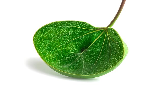 A vibrant green leaf, isolated on white, showcases intricate veining and a gently curved, almost bowl-like shape