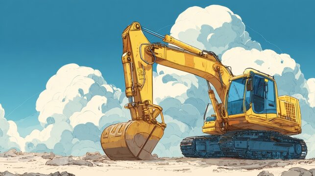Yellow excavator on a rocky terrain under a bright blue sky with clouds