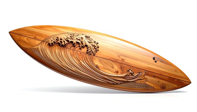 Elegantly crafted wooden surfboard featuring a powerful, intricately carved ocean wave, an artistic fusion of nature's beauty and artisan skill, ideal for a sophisticated coastal-inspired display