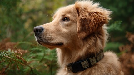 Golden retriever dog wearing a collar, looking to the side in a forested area