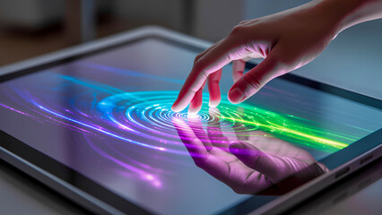 Digital interface: A finger touches a touchscreen, creating waves of data and light.