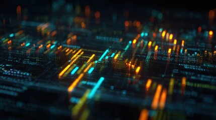 Abstract digital circuitry with glowing data streams and illuminated pathways on a high-tech electronic board