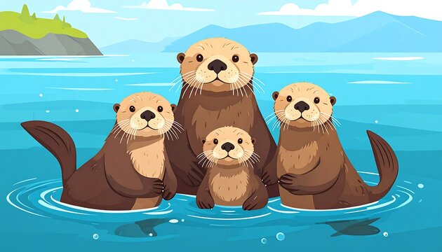 An otter family of four poses in calm water near a rocky shore and mountains - Powered by Adobe