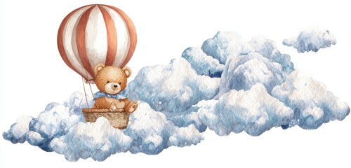 Cute teddy bear floating in a hot air balloon above fluffy clouds in a whimsical sky scene