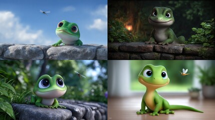 Four cute, cartoon-like green lizards in various outdoor & indoor settings, interacting with dragonfly/light