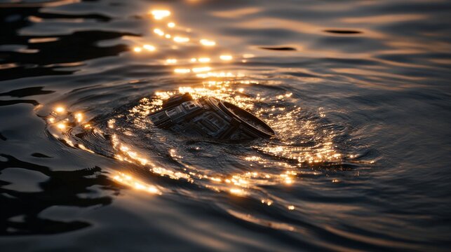Metallic object in water with shimmering golden reflections