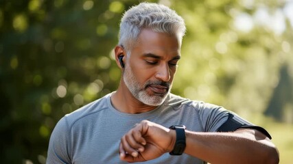 Middleaged man in sportswear checking his smartwatch during an outdoor run in a park on a sunny day, focusing on health and fitness - Powered by Adobe