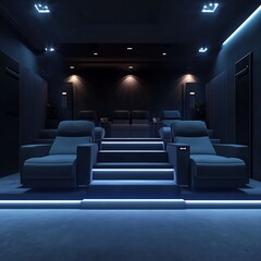 Home theater with tiered seating, comfortable chairs, and ambient lighting for an immersive entertainment experience