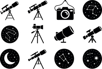 Collection of celestial observation icons featuring telescopes starry skies and a camera