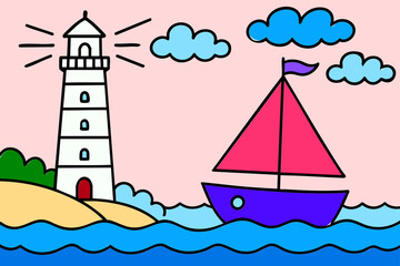 Vibrant Coastal Scene with Lighthouse and Sailboat