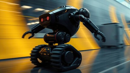 Robot rolling futuristic city street.