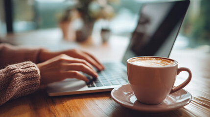 A woman in a cozy sweater works on her laptop at a wooden table with a warm cup of cappuccino nearby