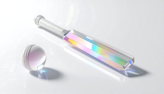 Conceptual sports equipment featuring a holographic glass cricket bat and ball, showcasing a vibrant spectral light effect on a minimalist background
