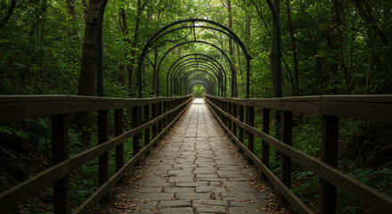 Peaceful forest pathway with wooden railings surrounded by lush greenery