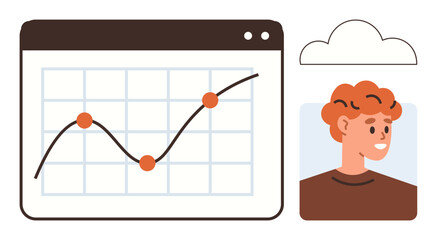 Line chart with data points in browser window paired with smiling person icon and cloud symbol. Ideal for analytics, progress, technology, cloud computing, growth, development, career visualization