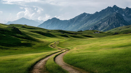 Fototapeta premium A winding dirt path leads through rolling green hills toward a distant mountain range