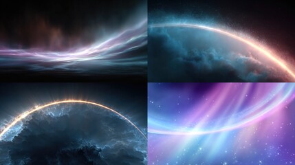 Abstract, nebulous ethereal scenes in blue, orange, & purple tones. Composite image