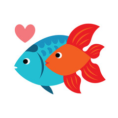 Fototapeta premium Two cartoon fish with a heart symbol love couple
