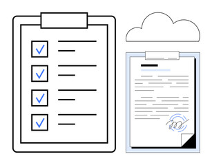 Clipboard with checklist, signed document, and cloud above, symbolizing tasks, approval, and cloud storage. Ideal for project management, workflow, organization documentation productivity digital
