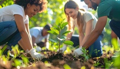 Group of volunteers planting a sapling tree together to help the environment and showing their commitment to nature