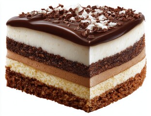 Delicious layered chocolate and vanilla cake with chocolate shavings on top, close-up
