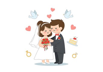 Cartoon Wedding Couple Embracing with Hearts and Cake