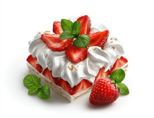 Delicious layered strawberry dessert with whipped cream, fresh strawberries, and mint leaves on a