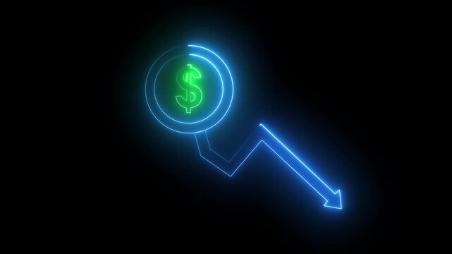 Cash with down arrow stocks graph animation with neon line Cash with down arrow stocks graph animation with neon line. Cash with down arrow stocks graph. dollar icon. dollar sign loss direction graph.