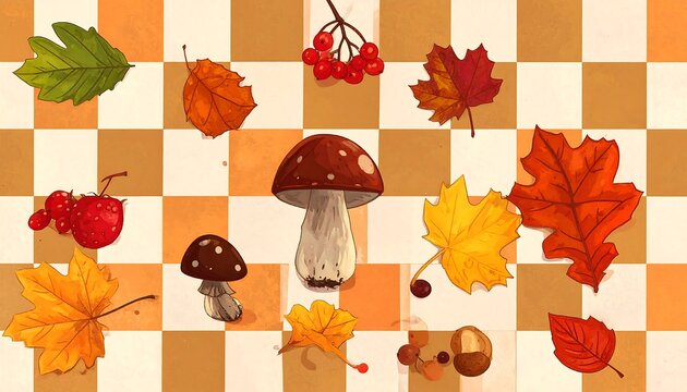 Autumnal elements arranged on a checkered surface