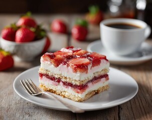 Delicious layered strawberry shortcake dessert with fresh berries and a cup of coffee